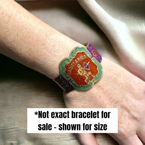 Vintage Brass Hand Painted CANCER Zodiac Astrology Cuff Bracelet - Picture 8 of 8